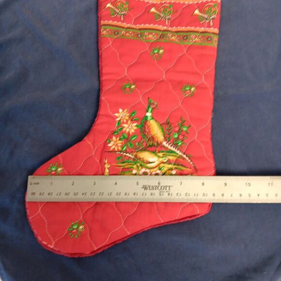 Vintage Quilted Christmas Stocking Rabbits Pheasants Holly Bells Velvet Back - Picture 7 of 7